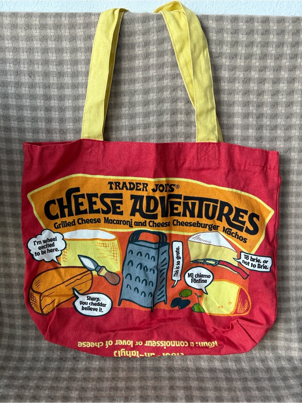 TRADER JOES CHEESE ADVENTURES RED GRAPHIC TOTE BAG